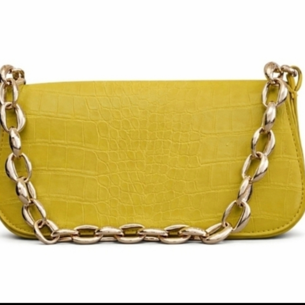 Zara | Yellow Green Croc Embossed Bag Gold Chain Handle - Picture 2 of 8